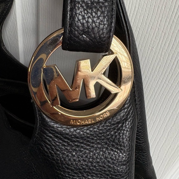 Michael Kors Black Pebbled Leather Shoulder Hobo with Gold MK Charm